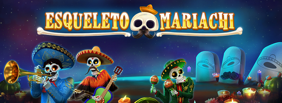 Esqueleto Mariachi Slot Logo mit musizierenden Skeletten